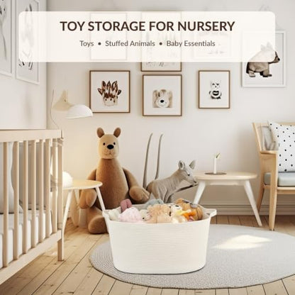 Large Rectangle Blankets Basket Living Room 22"x17"x12" Woven Cotton Rope Storage Baskets for Nursery Toy Baskets for Kids and Dogs Laundry Basket Bin for Clothes Towels white