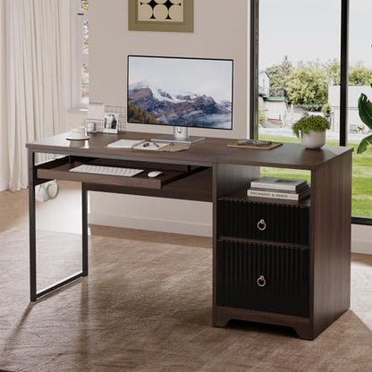 55 Inch Computer Desk with Keyboard Tray, Modern Office Desk with Storage, Wood Writing Desk with File Drawer, Fluted Panel & 2 Hooks for Home Office & Studio, Cherry