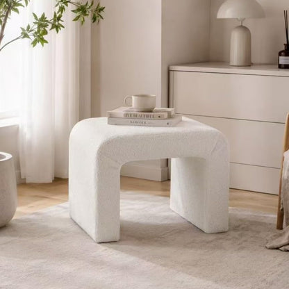 Modern Boucle Ottoman Footstool, 24" Arched Upholstered Vanity Stools for Makeup Room, Small Foot Rest for Entryway, Living Room, Bedroom (Fully Assembled)，White