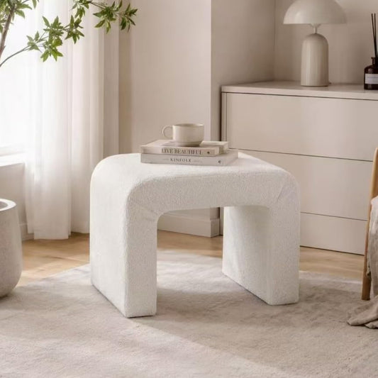 Modern Boucle Ottoman Footstool, 24" Arched Upholstered Vanity Stools for Makeup Room, Small Foot Rest for Entryway, Living Room, Bedroom (Fully Assembled)，White