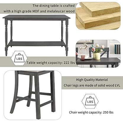Farmhouse Style 6-Pieces Counter Height Dining Table Set with 4 Upholstered Chair, Storage Shelf and Upholstered Bench, Wood Kitchen Dining Table Set for 6 Person (Gray, Bottom Shelf)