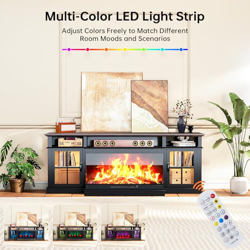 70" Fireplace TV Stand,3-Sided Glass Electric Fireplace, Black, view 5