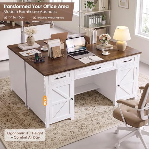 59" White Home Office Desk with Storage, Wood Computer Desk with 3 Drawers, view 7