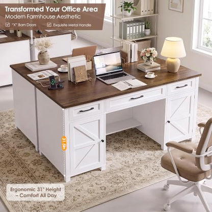 59" White Home Office Desk with Storage, Wood Computer Desk with 3 Drawers, view 7