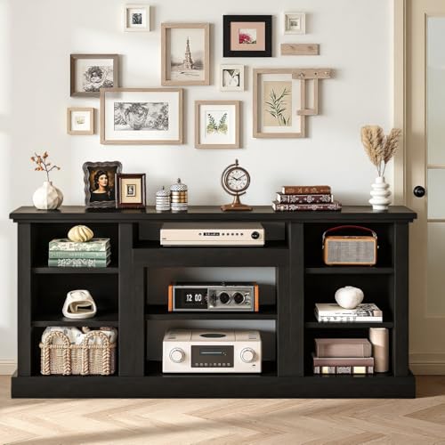 Farmhouse TV Stand with Adjustable Shelves & Open Storage, Black, view 7