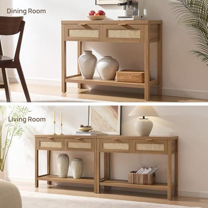 Rattan Console Table with Drawers, Boho Entryway Table Sofa Table | Entry Table With Storage Drawers, Hallway Table for Entryway, Sofa Table Behind Couch, Console Table for Living Room, Hallway