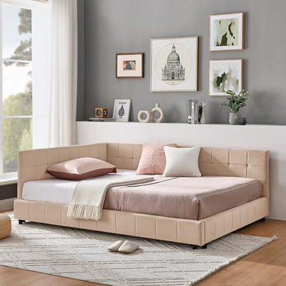GDFStudio Full Size Upholstered Tufted Sofa Bed Frame, Velvet Daybed with Armrests & Backrest,Mid-Century Platform Bed for Living Room,No Box Spring Required,Mattress not Included,Pink