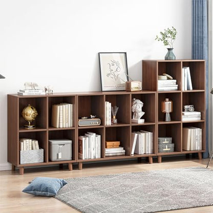 IOTXY Open Cubes Low Bookcase - 3-Tier 11-Cube Short Bookshelf in Walnut | Nordic Minimalist Style, MDF Material, Solid Wood Legs, Deep Storage Cubes, Free Standing Wooden Cabinet Organizer Unit