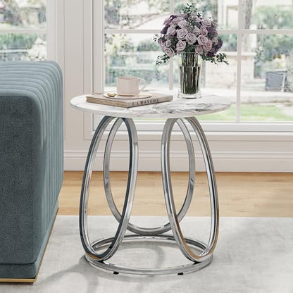 Silver Side Table Living Room, Round End Table with Metal Frame, Modern Nightstand for Small Spaces, Bedroom, Home Office, 1PC
