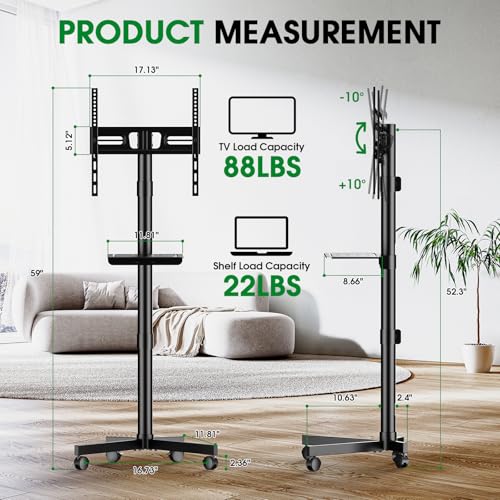 Mobile TV Cart Rolling TV Stand for 23-60 Inch LCD LED Flat Curved Screens up to 88 lbs, Height Adjustable Portable TV Stand on Wheels with Shelf, Outdoor TV Stand Mount, Max VESA 400x400mm, Black