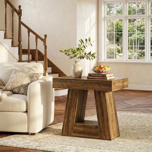 Tribesigns 24" Side Table, Narrow End Table with 2-Tier Storage Shelf, Farmhouse Wooden Nightstand Accent Table with Trapezoid Base for Living Room, Bedroom, Small Spaces, Brown