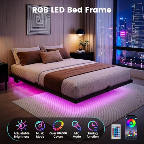 Full Floating Bed Frame with Smart LED Lights, USB Charging Station, view 4