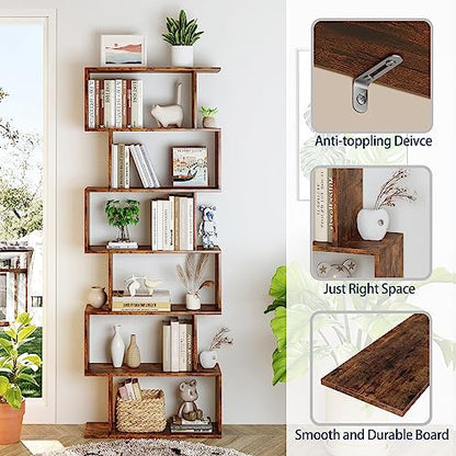 Geometric Bookcase, Bookshelf 6-Tier S Shaped Book Shelves for Bedroom, Modern Wood Decorative Display Shelf Tall Book Case for Home Office, Rustic Brown
