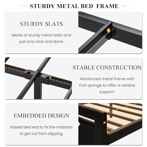 Heavy Duty King Size Bed Frame with Modern Headboard, Black, view 7