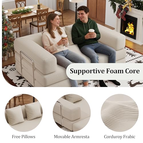 59.0 Inch Convertible Sofa Bed, 4-in-1Futon Sofas Bed Pull Out Sleeper Couch, Modern Deep Seat Sofa for Living Room, Corduroy Boneless Couches for Bedroom, Apartment, No Assembly Beige, 2 Seat