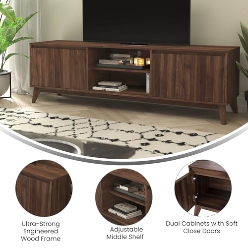 Hatfield Mid-Century Modern TV Stand For 65+ Inch TV's - Walnut Laminate Finish - 70 Inch Media Center - Adjustable Center Shelf - Soft Close Doors