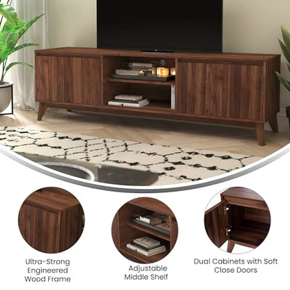 Hatfield Mid-Century Modern TV Stand For 65+ Inch TV's - Walnut Laminate Finish - 70 Inch Media Center - Adjustable Center Shelf - Soft Close Doors