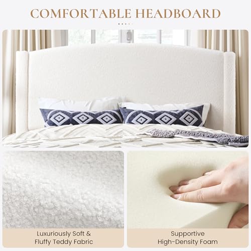 Soft Teddy Fabric Bed Frame Queen Size, Curved Headboard, White, view 5