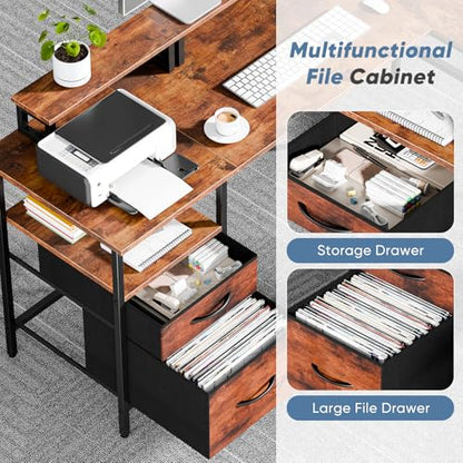 62” L Shaped Desk with Drawers and Power Outlet, Rustic Brown, view 5