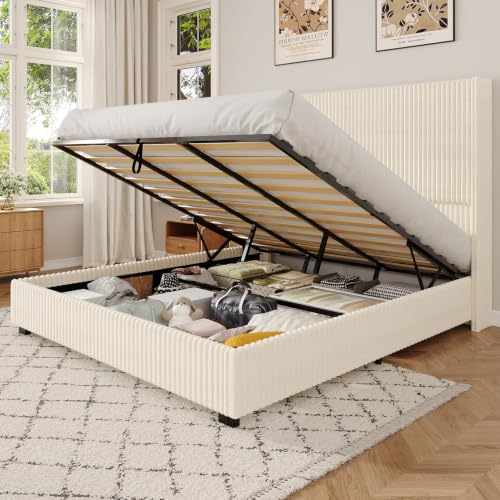 51 Inch Tall Wingback Headboard King Size Lift Up Storage Bed Frame, Beige, view 2