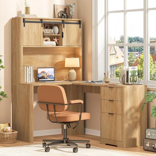 Farmhouse 68" L Shaped Fluted Desk with Hutch and Sliding Doors,Oak, view 7