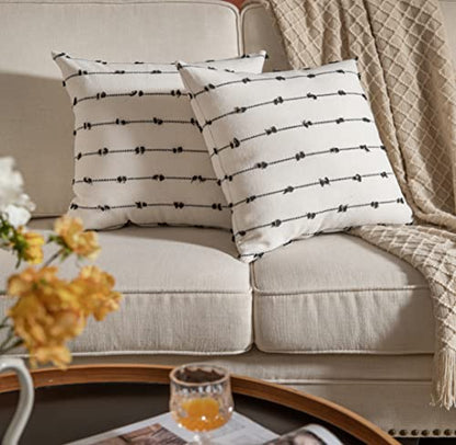 Boho Throw Pillow Covers 18x18 inches Beige and Black, Set of 2 Modern Farmhouse Decorative Pillow Covers for Couch Bed, Living Room