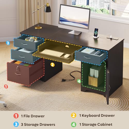 59” Office Desk with Lockable Drawers & Charging Station, Black, view 5