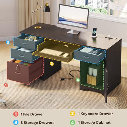 59” Office Desk with Lockable Drawers & Charging Station, Black, view 5