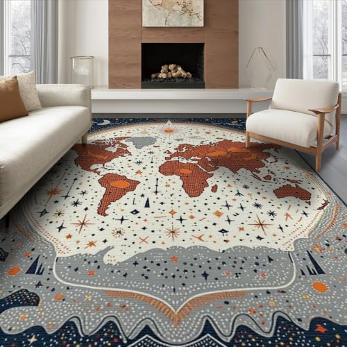 8'x10' Washable Area Rug Earth World Map Boho Design with Astronomy Planet Continents and Star Accents Foldable Easy Care for King Size Bedroom, Master Suite, Under Bed