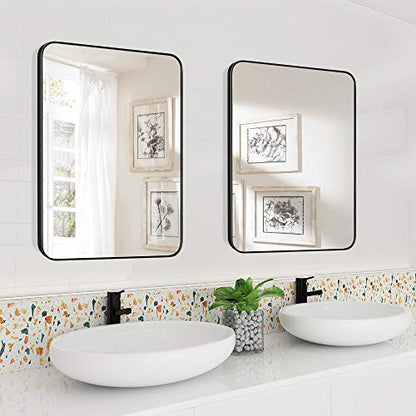 22 x 30-Inch Large Rectangular Wall Silver Mirror with Glass Panel and Black Metal Framed Rounded Corner Flat Set Design for Bathroom Living Room or Entryway Decorative