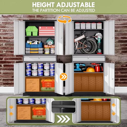 Metal Garage Storage Cabinets with Lockable Doors and Adjustable Shelves, 71" H Tool Cabinet for Home, Office, Warehouse (Black Grey)