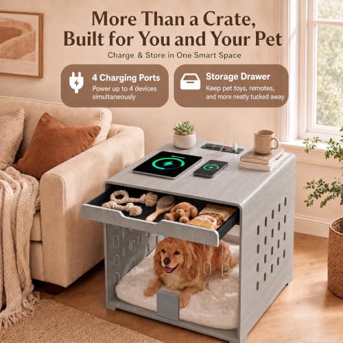 Modern Dog Crate Furniture Wooden Kennel Charging Station End Table Grey, view 6