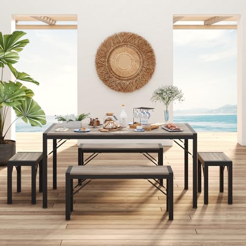 63" Dining Room Table Set for 6, Kitchen Table with 2 Benches and 2 Stools, Dining Table Set with Metal Frame, Space-Saving Kitchen Table Set for Apartment, Grey