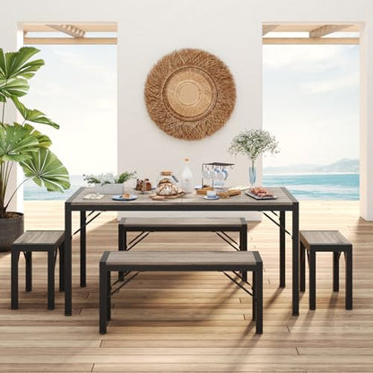 63" Dining Room Table Set for 6, Kitchen Table with 2 Benches and 2 Stools, Dining Table Set with Metal Frame, Space-Saving Kitchen Table Set for Apartment, Grey