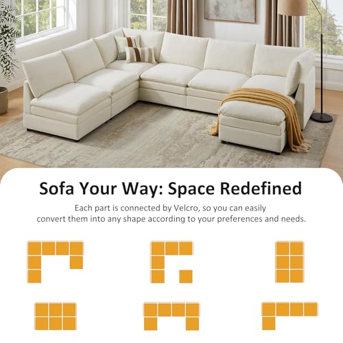98" Cloud Modular Sectional Sofa Couches for Living Room, Oversized Modern Sleeper Sofa with Deep Seat Double-Layer Thick Cushion Ottoman, Convertible Upholstered Sofa Set, Ivory White