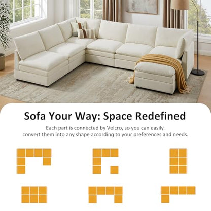 98" Cloud Modular Sectional Sofa Couches for Living Room, Oversized Modern Sleeper Sofa with Deep Seat Double-Layer Thick Cushion Ottoman, Convertible Upholstered Sofa Set, Ivory White