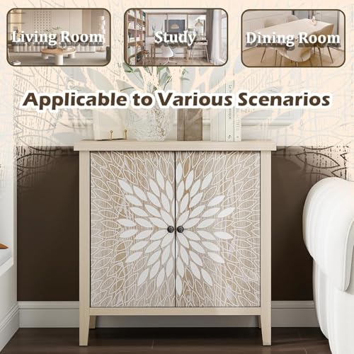 31" Modern Accent Cabinet with Storage, Storage Cabinet with 2 Carved Pattern Doors and Adjustable Shelf, Decorative Sideboard for Living Room, Entryway, Dining Room, Natural