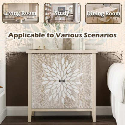 31" Modern Accent Cabinet with Storage, Storage Cabinet with 2 Carved Pattern Doors and Adjustable Shelf, Decorative Sideboard for Living Room, Entryway, Dining Room, Natural