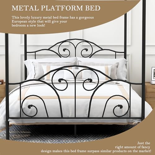 Queen Size Four-Poster Metal Canopy Bed Frame, Black, view 6