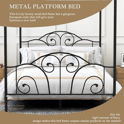 Queen Size Four-Poster Metal Canopy Bed Frame, Black, view 6