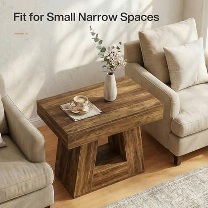 Tribesigns 24" Side Table, Narrow End Table with 2-Tier Storage Shelf, Farmhouse Wooden Nightstand Accent Table with Trapezoid Base for Living Room, Bedroom, Small Spaces, Brown