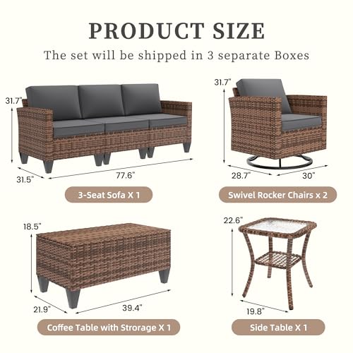 Patio Furniture Set, 5 Pieces Outdoor Conversation Sets with Rocking Swivel Chairs, Wicker Rattan Outdoor Sofa Set with Storage Table and Waterproof Covers for Backyard, Deck, Porch, Grey