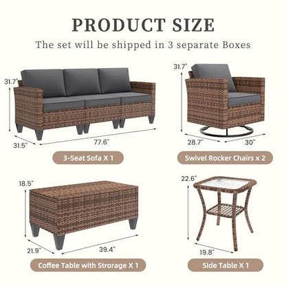 Patio Furniture Set, 5 Pieces Outdoor Conversation Sets with Rocking Swivel Chairs, Wicker Rattan Outdoor Sofa Set with Storage Table and Waterproof Covers for Backyard, Deck, Porch, Grey