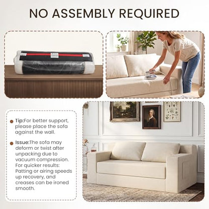 71" Boneless Loveseat Couch,Chenille Pullout Futon Couch,4 in 1 Folding 3 Seater Sofa Bed for Living Room,Boneless Cloud Couch with Storage Pocket & 2 Pillows,Beige