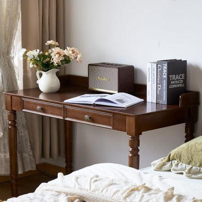 Walnut Writing Desk with Drawers, 44" X22" Solid Wood Desk for Small Spaces, view 2
