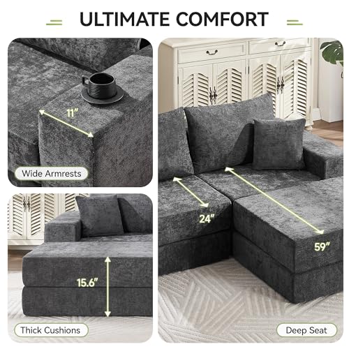79" Boneless Cloud Loveseat Sofa Couch, Modular Foldable Floor Sofa with Ottoman, Chenille Lounge Convertible Sofa Bed for Living Room, No Assembly, Dark Grey