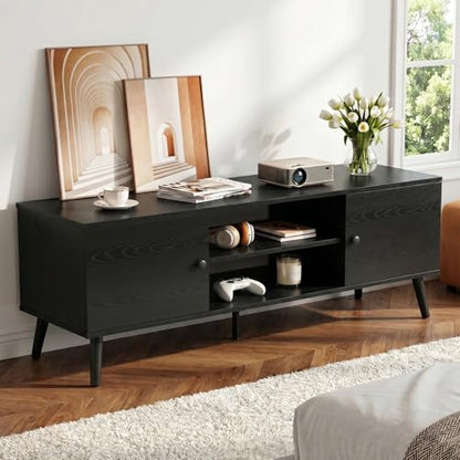 TV Stand for 55 60 inch TV, Modern Mid Century Entertainment Center with Storage, Wooden Media Console Table with 2 Cabinets, for Living Room, Bedroom, Black
