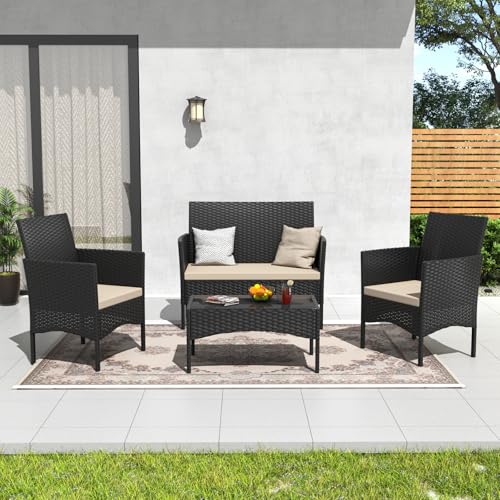 Outdoor Patio Furniture Set, 4 Pieces Patio Conversation Set Wicker Chairs with Glass Table and Soft Cushion for Porch,Backyard, Poolside (Sand)