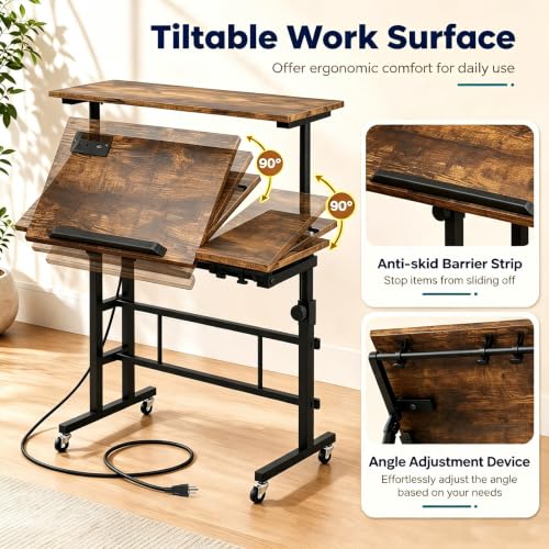 Height Adjustable Mobile Standing Desk with Built-in Power Outlets, view 7