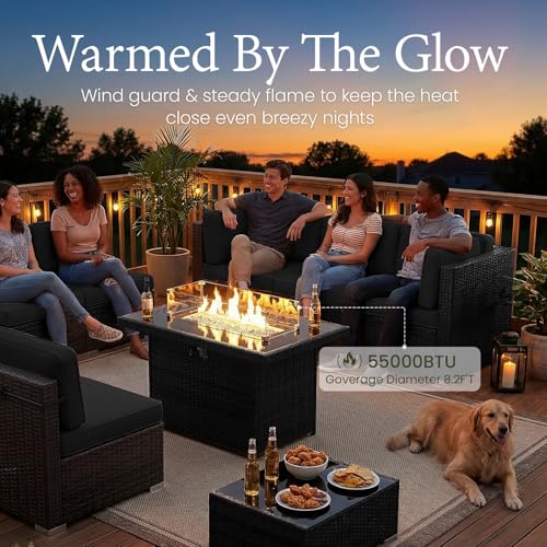 8 Piece Patio Furniture Set with 44" Propane Gas Fire Pit Table, Outdoor Sectional Conversation Set Wicker Rattan Sofa Set with Coffee Table